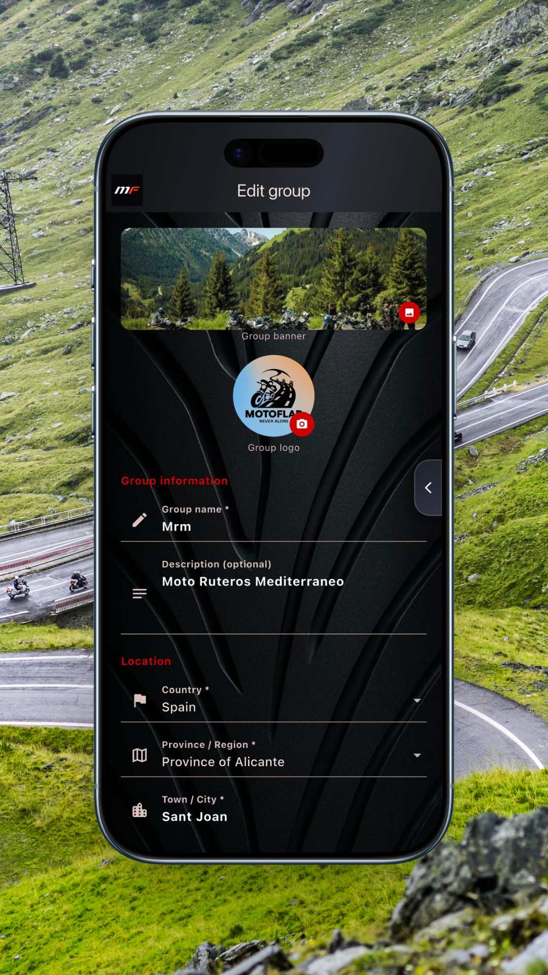 App MotoFlap — Private groups