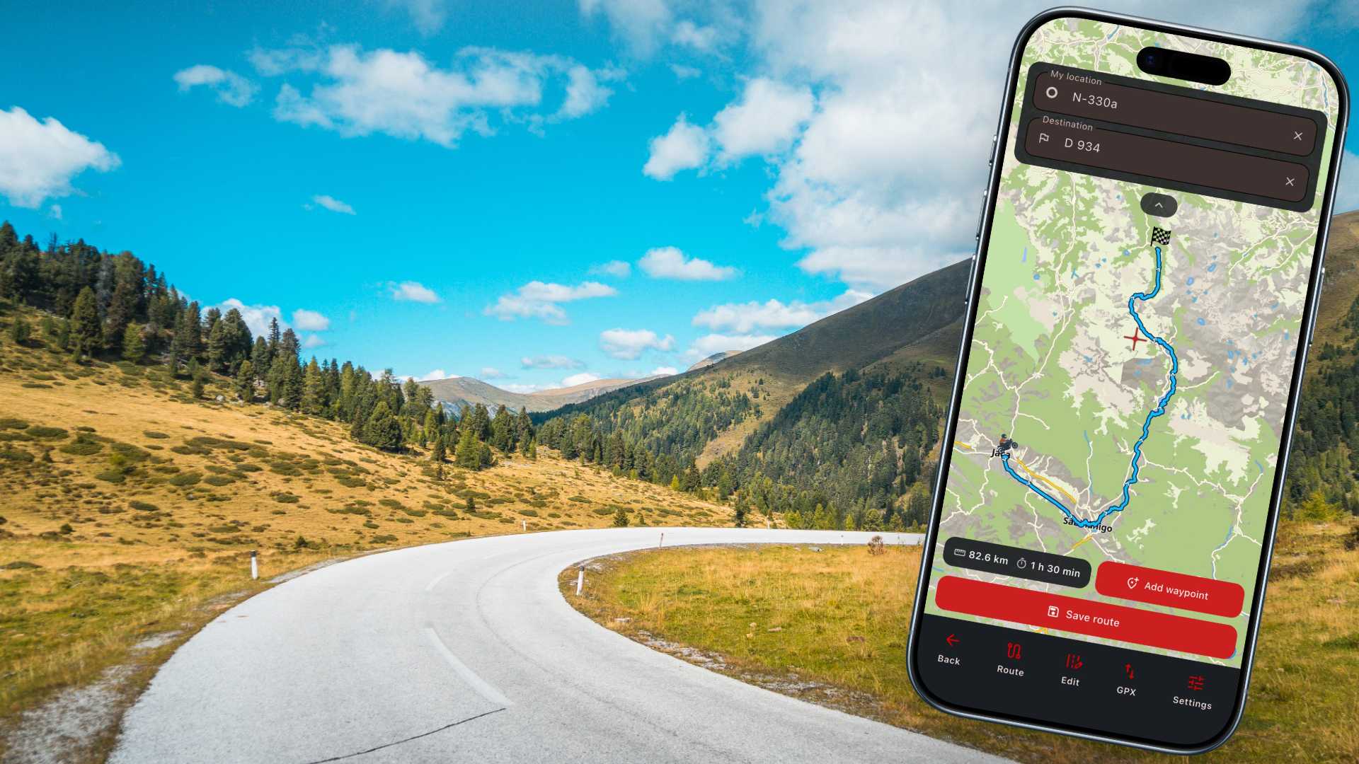 Carretera de montaña con el planificador de MotoFlap